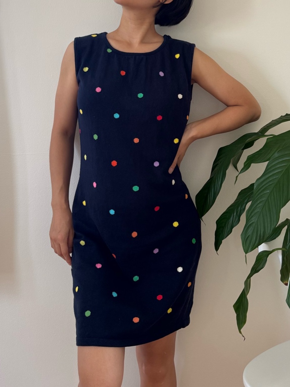Vintage United Colors Of Benetton 100% Cotton Retro Polkadot Navy Dress Size M